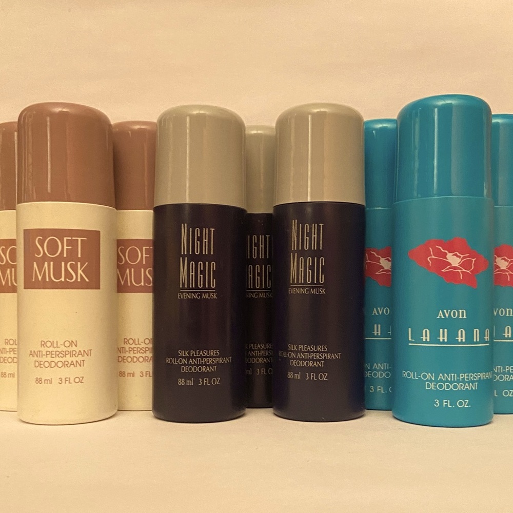 Ten (10) Avon large roll-on deodorants: Soft Musk + Lahana + Night Magic
